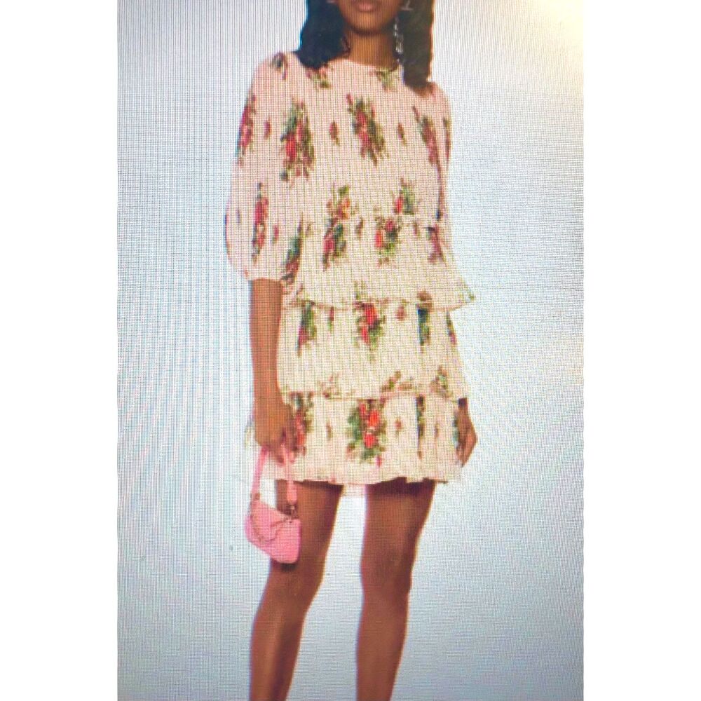 GANNI Upscaled Victorian Tiered Prairie Floral Ruffles Pleated Short Dress 44/12